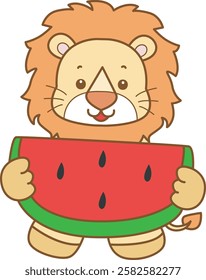 Cute Lion vector icon. Funny baby Lion animal series stock illustration. life of fluffy Lion designs.
Lion bring a watermelon