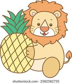 Cute Lion vector icon. Funny baby Lion animal series stock illustration. life of fluffy Lion designs.
Lion bring a pineapple