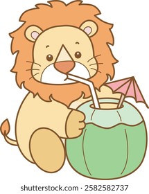 Cute Lion vector icon. Funny baby Lion animal series stock illustration. life of fluffy Lion designs.
Lion drinking a coconut