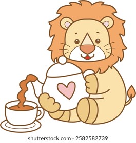Cute Lion vector icon. Funny baby Lion animal series stock illustration. life of fluffy Lion designs.
Lion pouring a tea into a cup