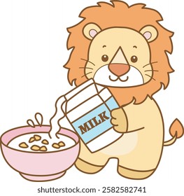 Cute Lion vector icon. Funny baby Lion animal series stock illustration. life of fluffy Lion designs.
Lion pouring a milk into cereal