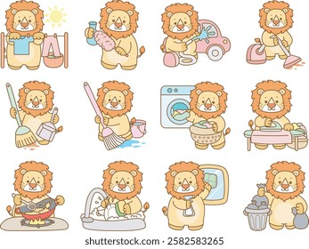 Cute Lion vector icon. Funny baby Lion animal series stock illustration. life of fluffy Lion designs.
Cute lion with variation of chores and cleaning service