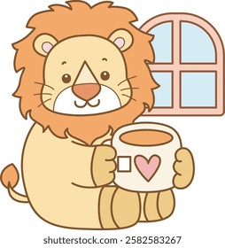 Cute Lion vector icon. Funny baby Lion animal series stock illustration. life of fluffy Lion designs.
Lion drinking a cup of tea