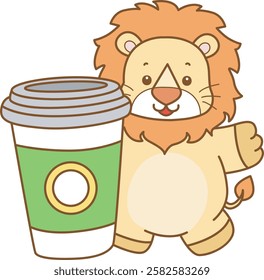 Cute Lion vector icon. Funny baby Lion animal series stock illustration. life of fluffy Lion designs.
A lion bring a big cup of coffee