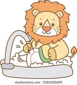 Cute Lion vector icon. Funny baby Lion animal series stock illustration. life of fluffy Lion designs.
A lion cleaning a plate and cup in the sink