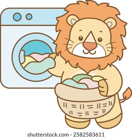 Cute Lion vector icon. Funny baby Lion animal series stock illustration. life of fluffy Lion designs.
A lion cleaning a clothes in the washing machine