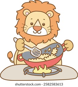 Cute Lion vector icon. Funny baby Lion animal series stock illustration. life of fluffy Lion designs.
Lion cooking a fried rice