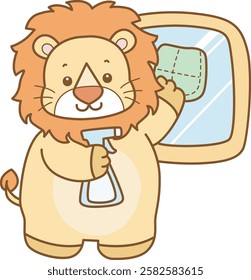 Cute Lion vector icon. Funny baby Lion animal series stock illustration. life of fluffy Lion designs.
A lion wipe the glass with spray