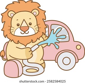 Cute Lion vector icon. Funny baby Lion animal series stock illustration. life of fluffy Lion designs.
Lion washing a car