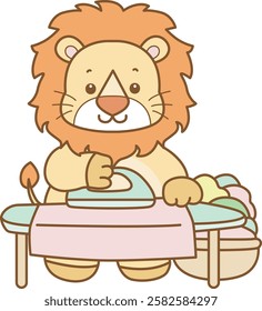 Cute Lion vector icon. Funny baby Lion animal series stock illustration. life of fluffy Lion designs.
Lion ironing the clothes