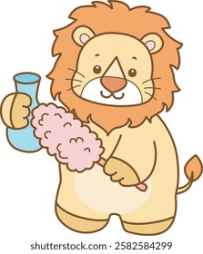 Cute Lion vector icon. Funny baby Lion animal series stock illustration. life of fluffy Lion designs.
Lion cleaning the vase with feather duster