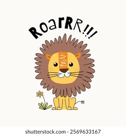 Cute lion vector illustration, childish background with roaring text