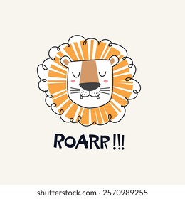 Cute lion vector illustration, childish background with roaring text