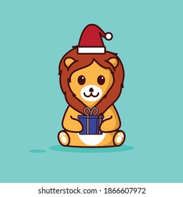 A cute Lion Vector Illustration With Christmas Theme. A Lion With Gift from Santa And Use Christmas Hat