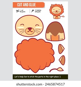 Cute lion vector illustration for kids educational cut and glue paper game