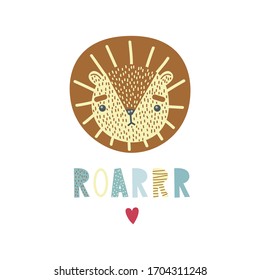 A cute lion. Vector illustration, poster, print, card with a cute lion, heart and lettering ROAR. Hand drawn.