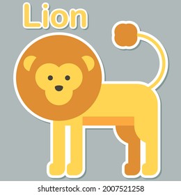Ilustración vectorial de león lindo lista para imprimir para niños aprendiendo animal y alfabeto. Carácter de mascota rey león de estilo moderno. Tarjeta flash de león, parches de arte pop chic, pines, insignias y stickers.