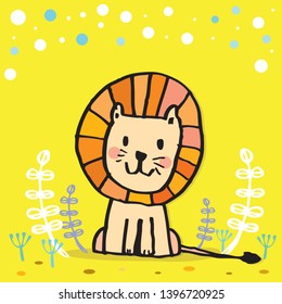 Cute lion vector illustration,Adorable pattern with funny lion,Funny colorful vector pattern with cute lion,Hand drawn