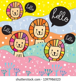 Cute lion vector illustration,Adorable pattern with funny lion,Funny colorful vector pattern with cute lion,Hand drawn
