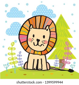 Cute lion vector illustration,Adorable pattern with funny lion,Funny colorful vector pattern with cute lion,Hand drawn