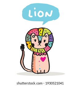 Cute lion vector illustration,Adorable pattern with funny lion,Funny colorful vector pattern with cute lion,Hand drawn
