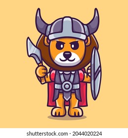 cute lion viking with ax and shield, suitable for t-shirt design or viking animal mascot