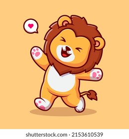 Cute Lion Walking With Cheerful Cartoon Vector Icon Illustration. Animal Nature Icon Concept Isolated Premium Vector. Flat Cartoon Style