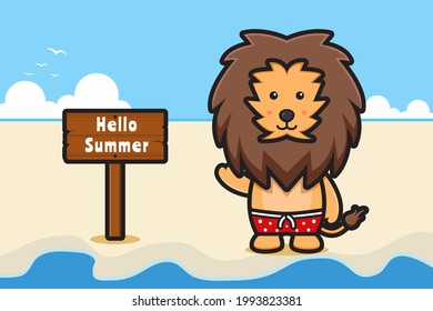 Cute lion waving hand with a summer greeting banner cartoon vector icon illustration. Design isolated on blue. Flat cartoon style.