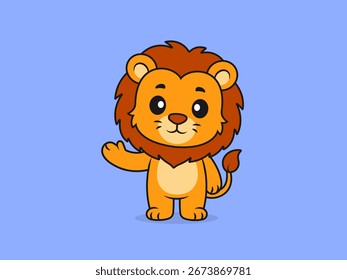 Cute Lion Waving Pose – Flat Vector Cartoon Illustration of a Lion Character.