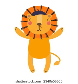 Cute lion wearing a beret character illustration. Hand drawn animal, Scandinavian style flat design, isolated vector. Kids autumn, fall print, element, seasonal activity