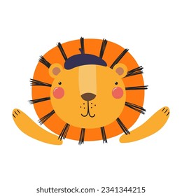 Cute lion wearing a beret character illustration. Hand drawn animal, Scandinavian style flat design, isolated vector. Kids autumn, fall print, element, seasonal activity
