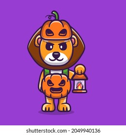 cute lion wearing halloween pumpkin costume, suitable for Halloween t-shirt designs or cute halloween animal mascots