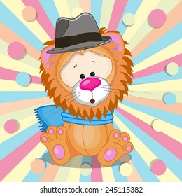 Cute Lion wearing a scarf and hat on a colored background 