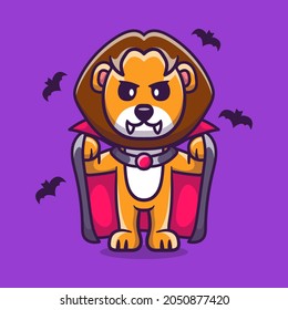 cute lion wearing vampire halloween costume, suitable for cute animal halloween t-shirts or mascot designs