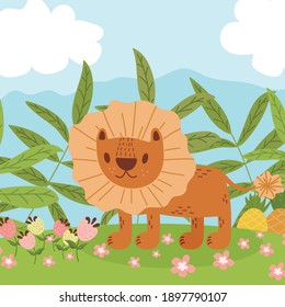 cute lion in the wild surrounded by foliage and flowers at the feet
