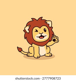 Cute lion winks cheerfully, waving paw with joy. Soft pastel tones create warm, playful atmosphere. Ideal for children's books, educational content, or fun designs