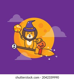 cute lion witch fly with broom in halloween night