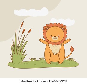 cute lion woodland in the field character