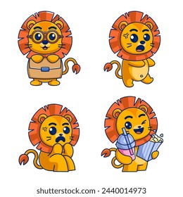 Cute lion working and eating cartoon style set
