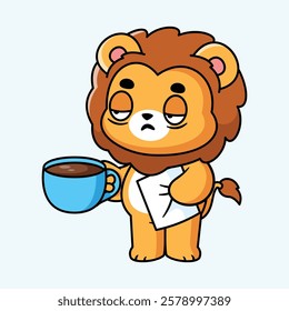 cute lion working overtime and holding a cup of coffee