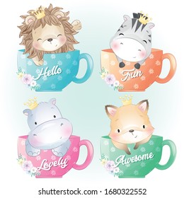 Cute lion, zebra, hippo and foxy sitting inside the coffee cup