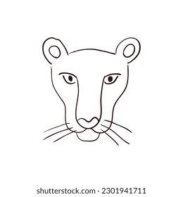 Cute lioness face, portrait hand drawn cartoon character illustration, sketch. Line art, drawing style design, isolated vector. Tropical animal, jungle wildlife, big cat, safari, nature, print element