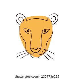 Cara de lionesa, ilustración de caricatura dibujada a mano con retrato, boceto. Arte de línea, diseño de estilo de dibujo, vector aislado. Animales tropicales, vida silvestre de la jungla, gato grande, safari, naturaleza, elemento impreso