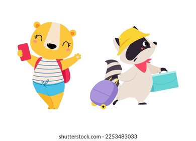 Cute Lioness and Raccoon Traveler with Smartphone and Suitcase Having Journey on Vacation Vector Set