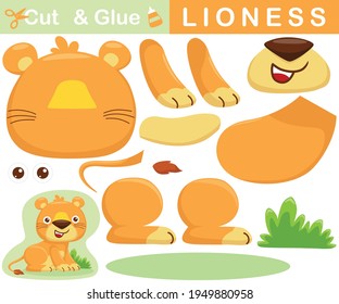 Cute lioness sitting on grass. Education paper game for children. Cutout and gluing. Vector cartoon illustration