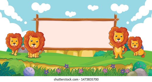 cute lions with a blank sign wood