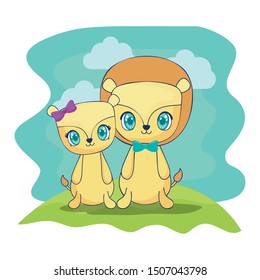 cute lions couple characters vector illustration