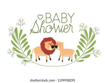 cute lions couple with wreath baby shower card