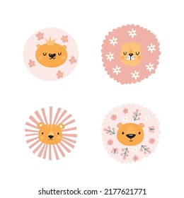 Cute lions with floral elements. Modern vector illustration. Jungle life clipart. Vector illustration. Funny doodle animals. 