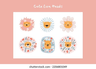 Cute lions with floral elements. Modern vector illustration. Jungle life clipart. Vector illustration. Funny doodle animals. 
